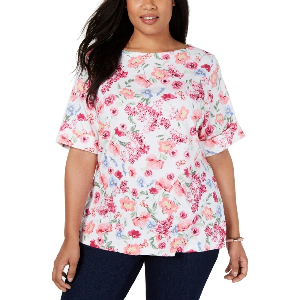 Karen Scott Womens Plus Floral Cuffed Top